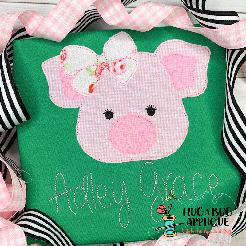 Pig Bow Bean Stitch Applique Design, Applique