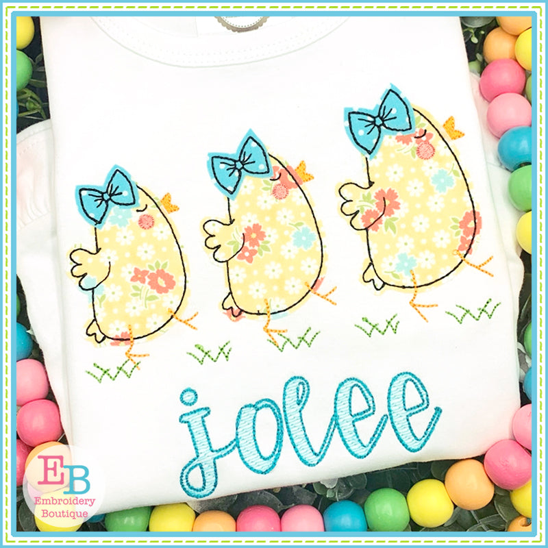 Three Chicks Bow Bean Stitch Applique, Applique