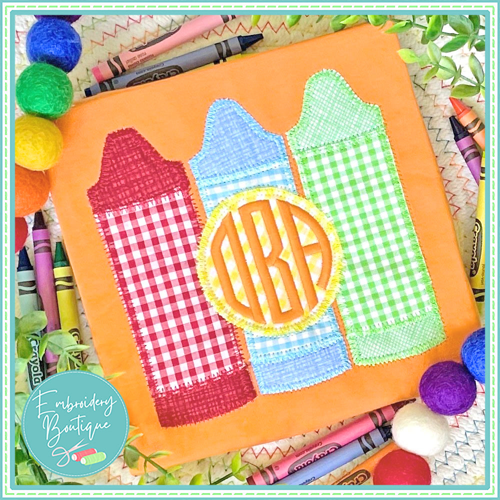 3 Crayons with Circle Zigzag Applique, Applique, Embroidery Boutique