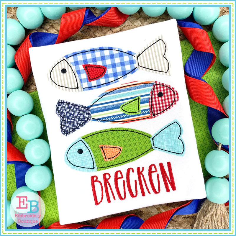 3 Fish In A Row Bean Stitch Applique, Applique