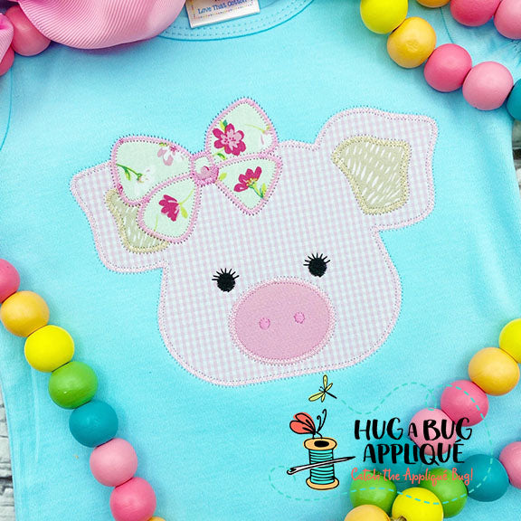 Pig Bow Zig Zag Stitch Applique Design, Applique