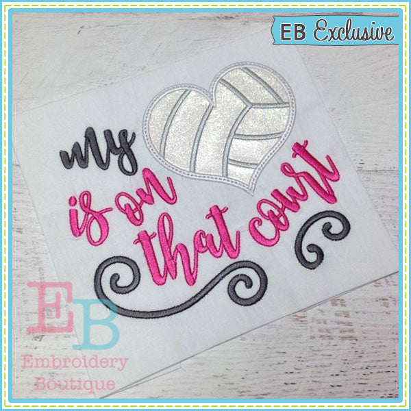 My Heart on Court Volleyball Applique, Applique