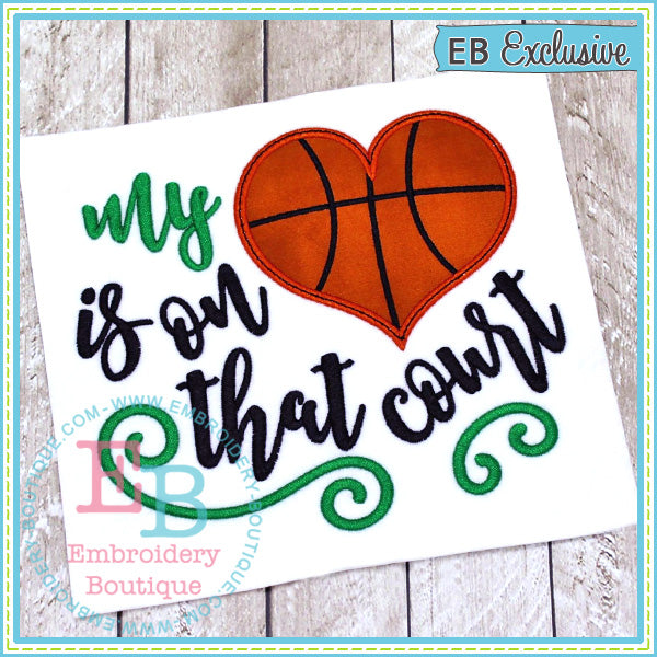 My Heart on Court Basketball Applique, Applique