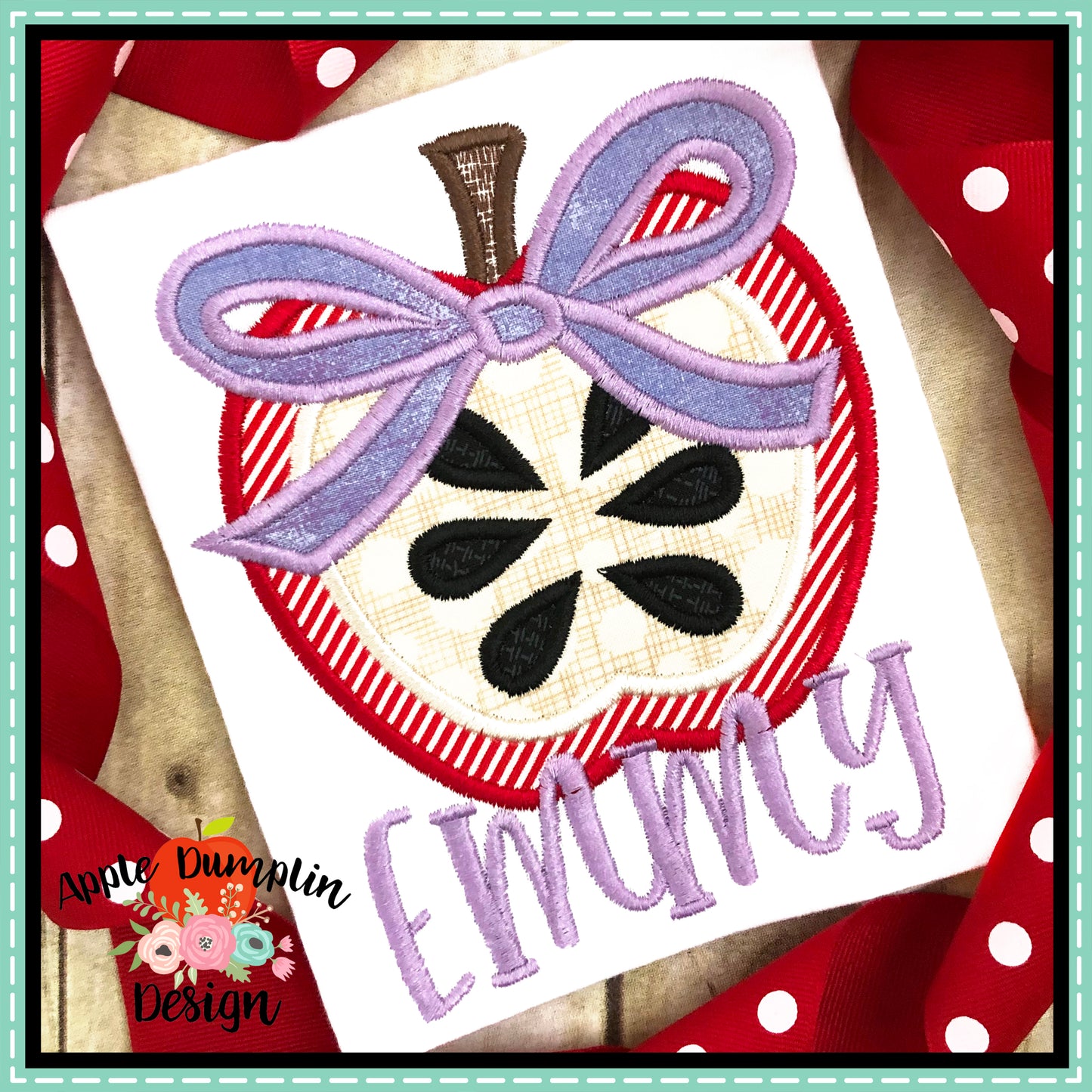 Apple with Bow Satin Applique Design, Applique