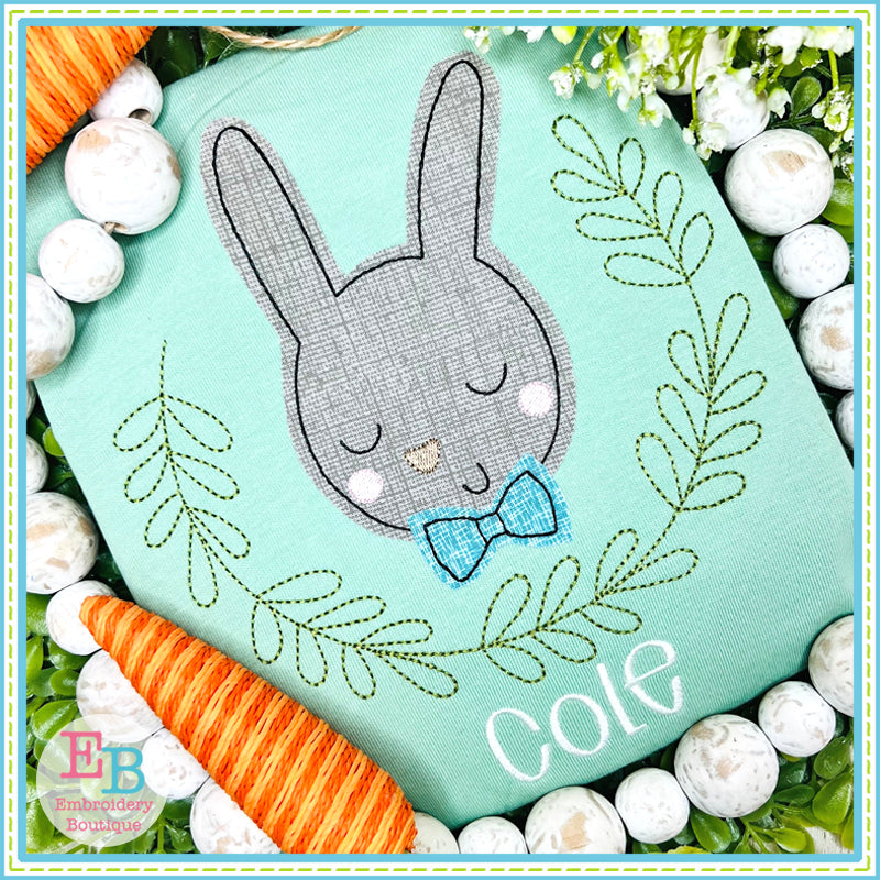 Bunny Boy Leaves Bean Stitch Applique, Applique, Embroidery Boutique