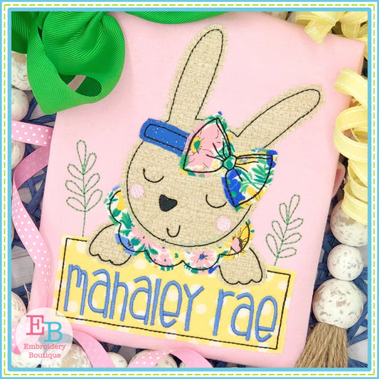 Bunny Girl Bow Banner Bean Stitch Applique, Applique, Embroidery Boutique