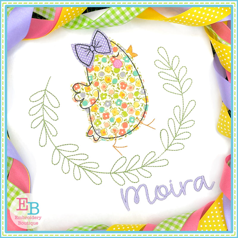Chick 2 Bow Leaves Bean Stitch Applique, Applique