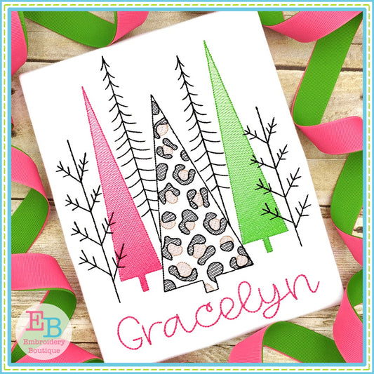 Christmas Trees Cheetah Embroidery Design, Embroidery