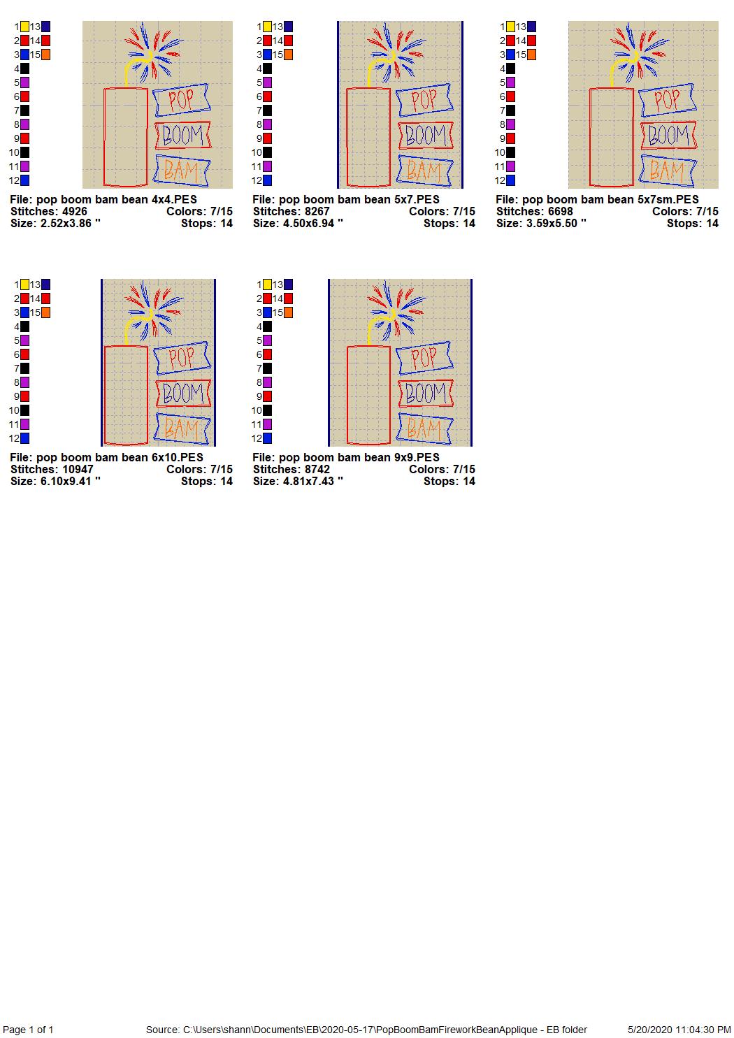 Pop Boom Bam Firework Bean Applique, Applique