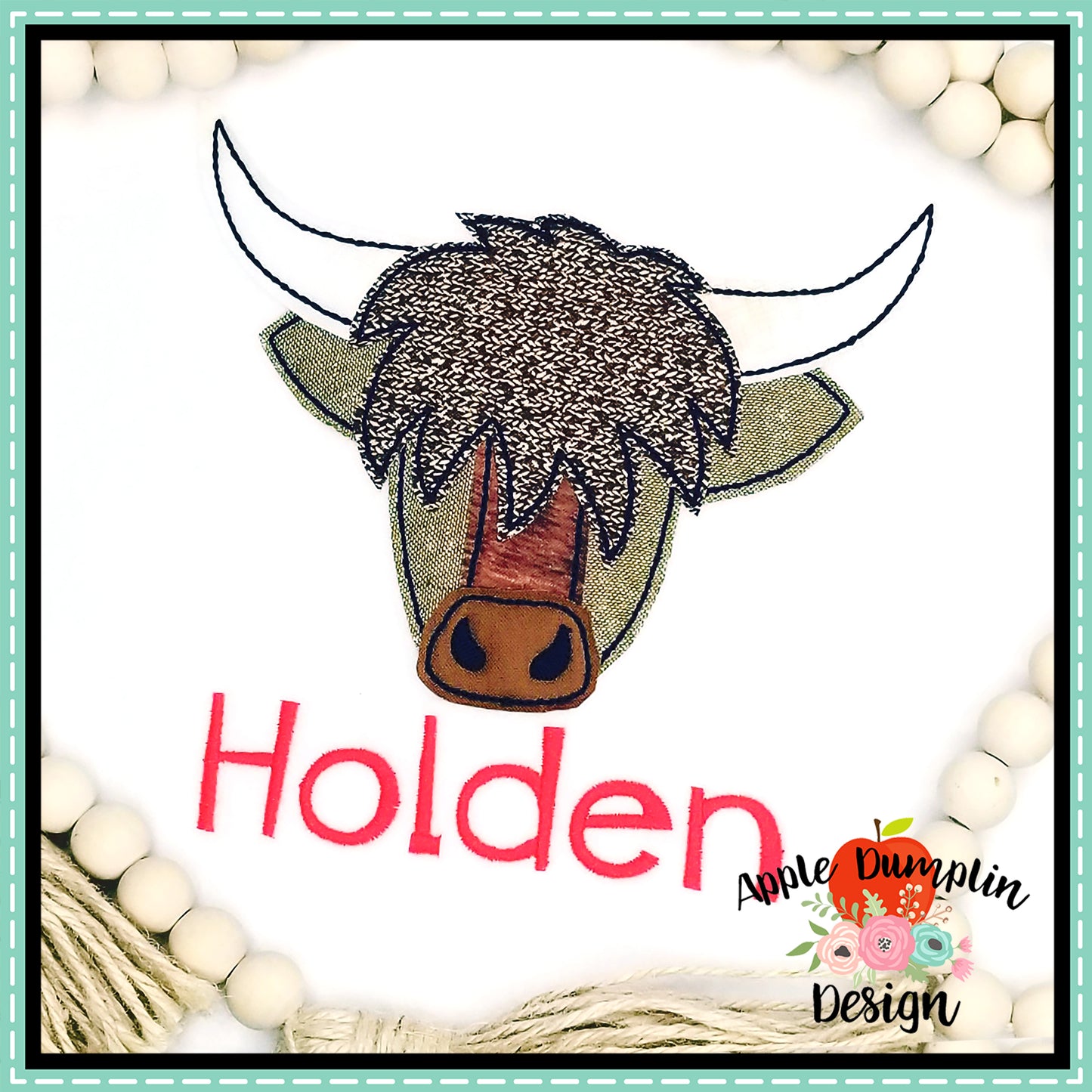 Highland Cow Bean Stitch Applique Design, applique