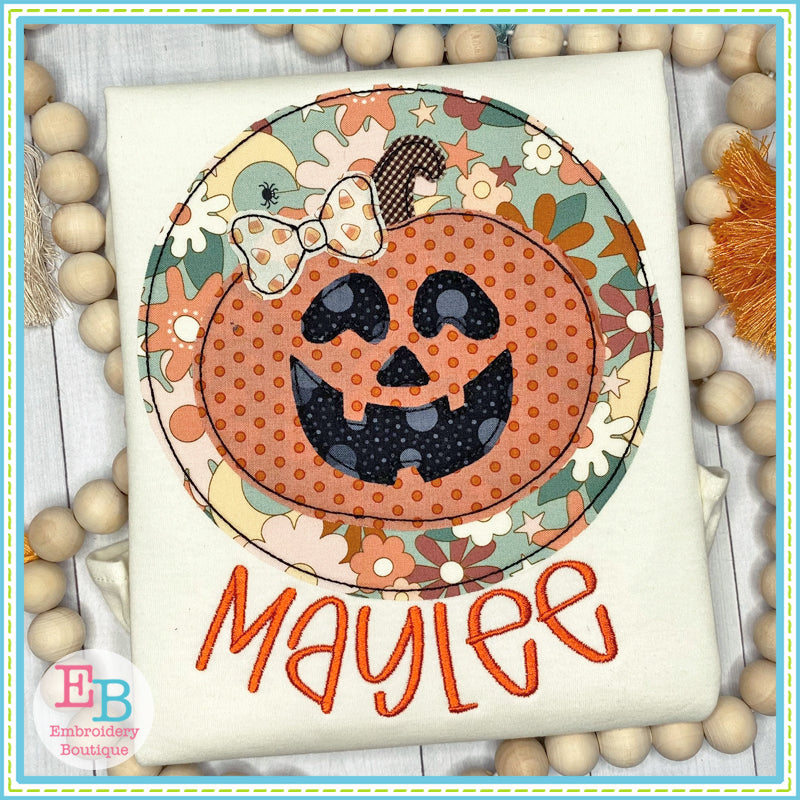 Jack-o-lantern Bow Circle Bean Stitch Applique, Applique