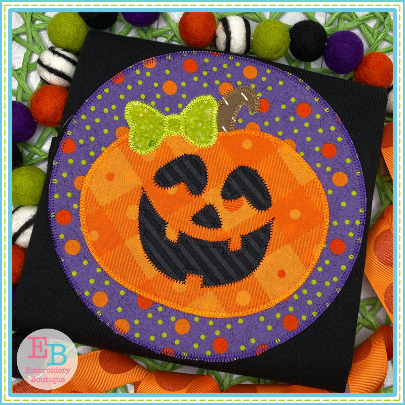Jack-o-lantern Bow Circle Zigzag Stitch Applique, Applique