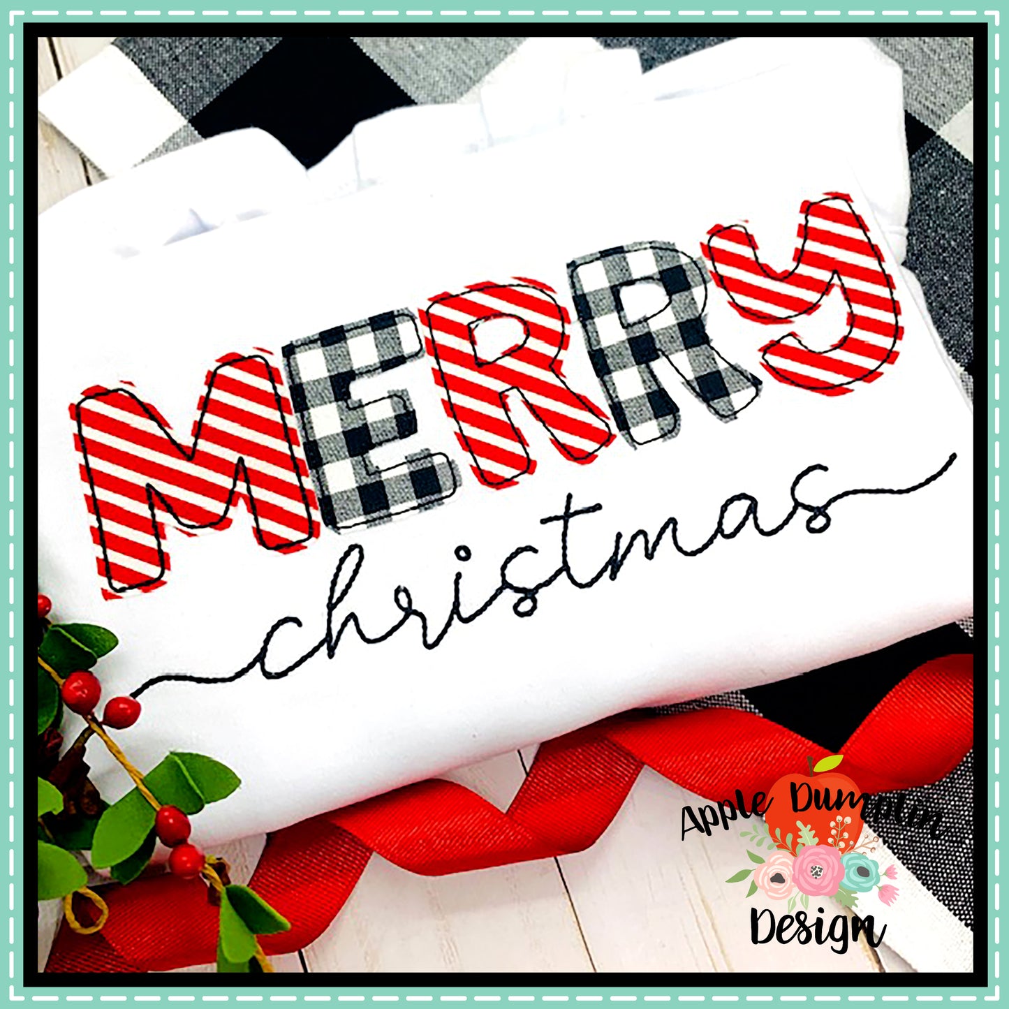 Merry Christmas Bean Stitch Applique Design, Applique
