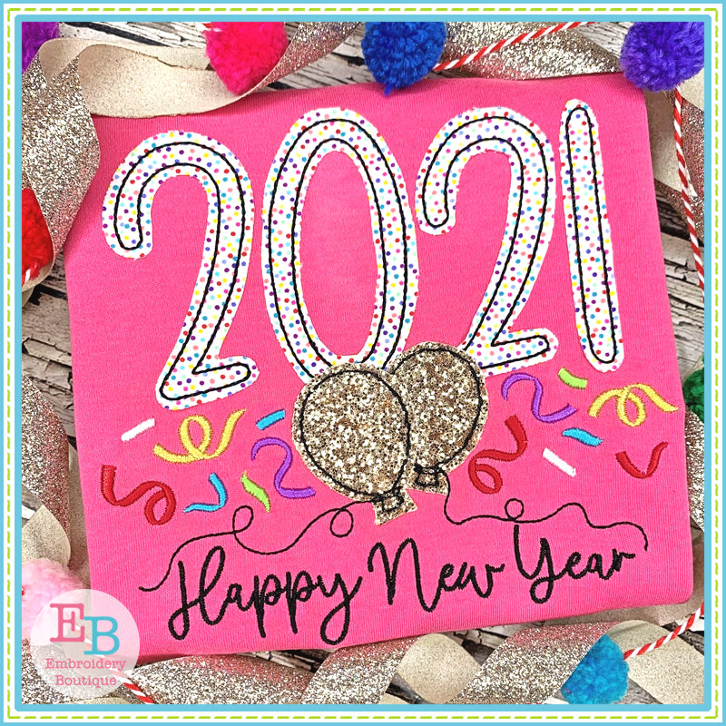 Happy New Year 2021 Bean Stitch Applique, Applique