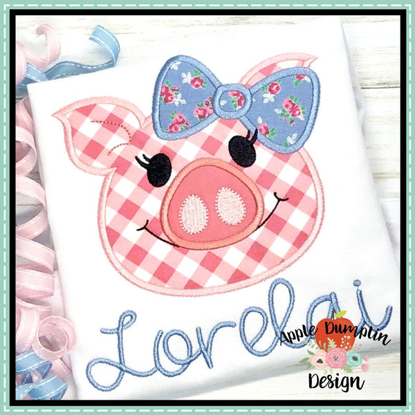 Pig with Bow Head Applique Design, applique