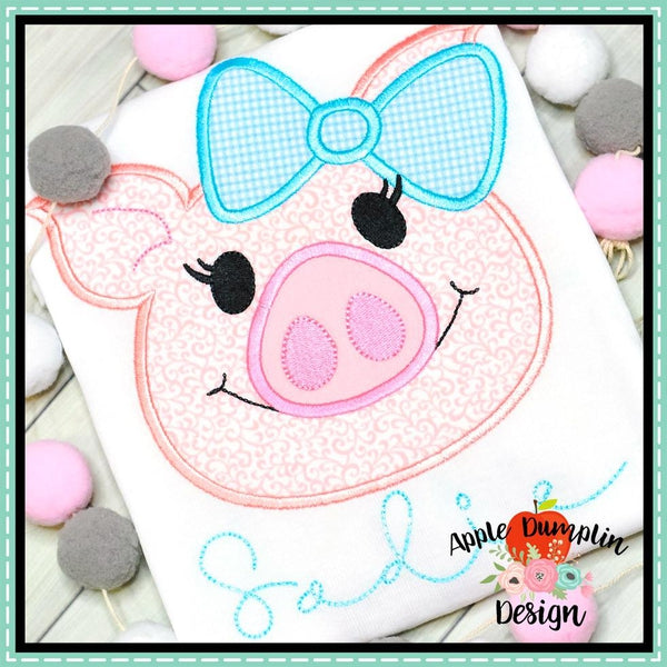 Pig with Bow Head Applique Design, applique