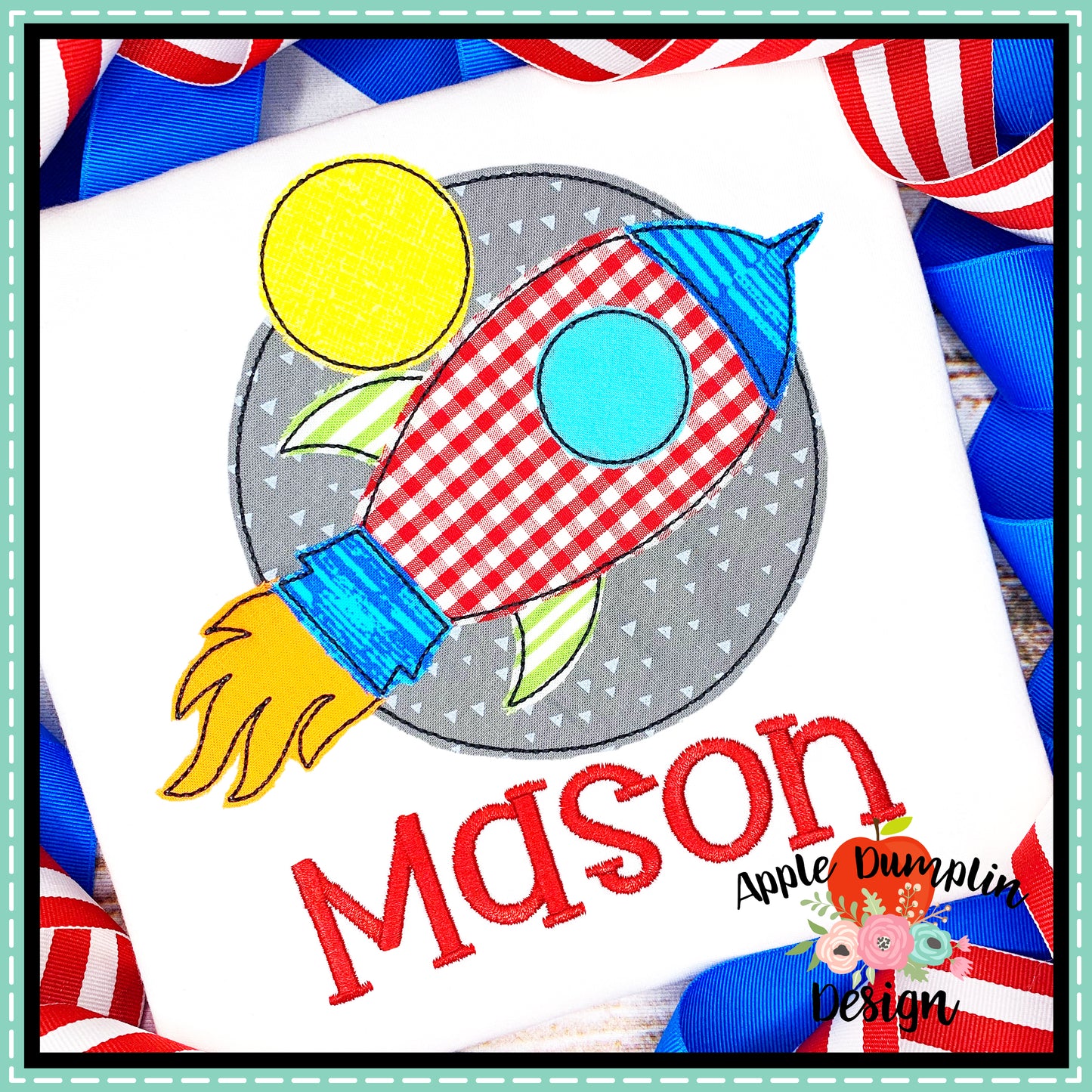 Rocket with Moon Bean Stitch Applique Design, applique