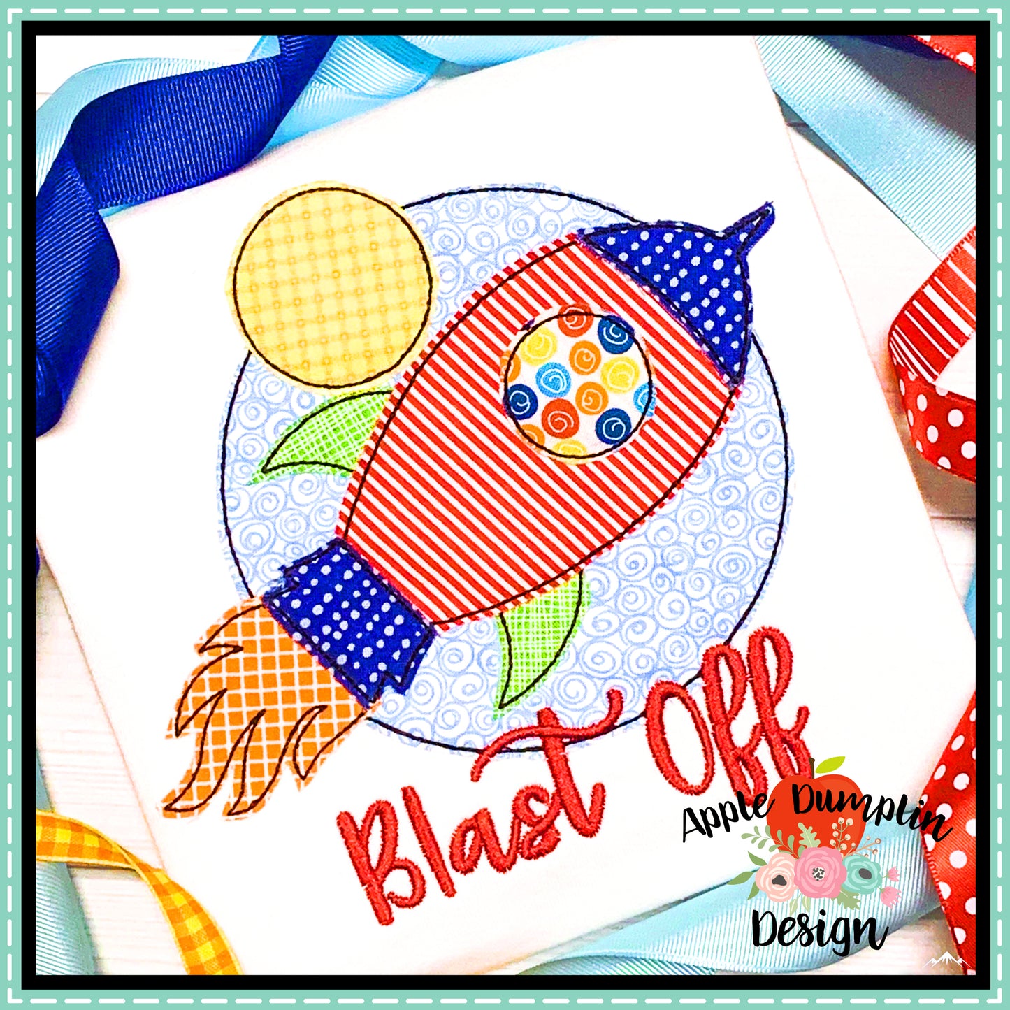 Rocket with Moon Bean Stitch Applique Design, applique