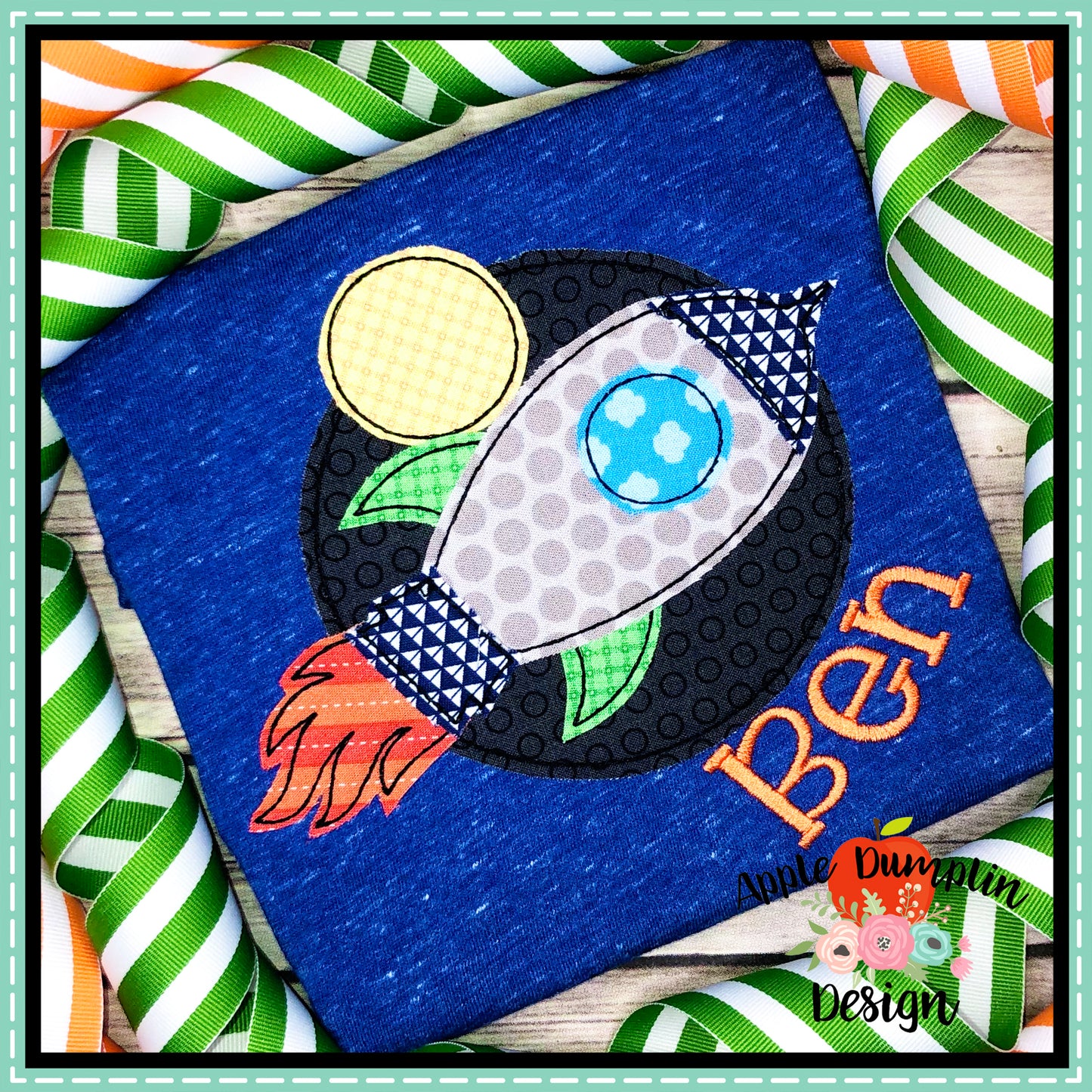 Rocket with Moon Bean Stitch Applique Design, applique