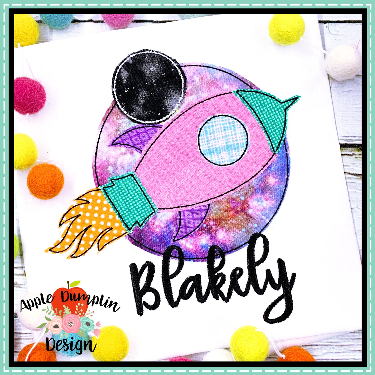 Rocket with Moon Bean Stitch Applique Design, applique
