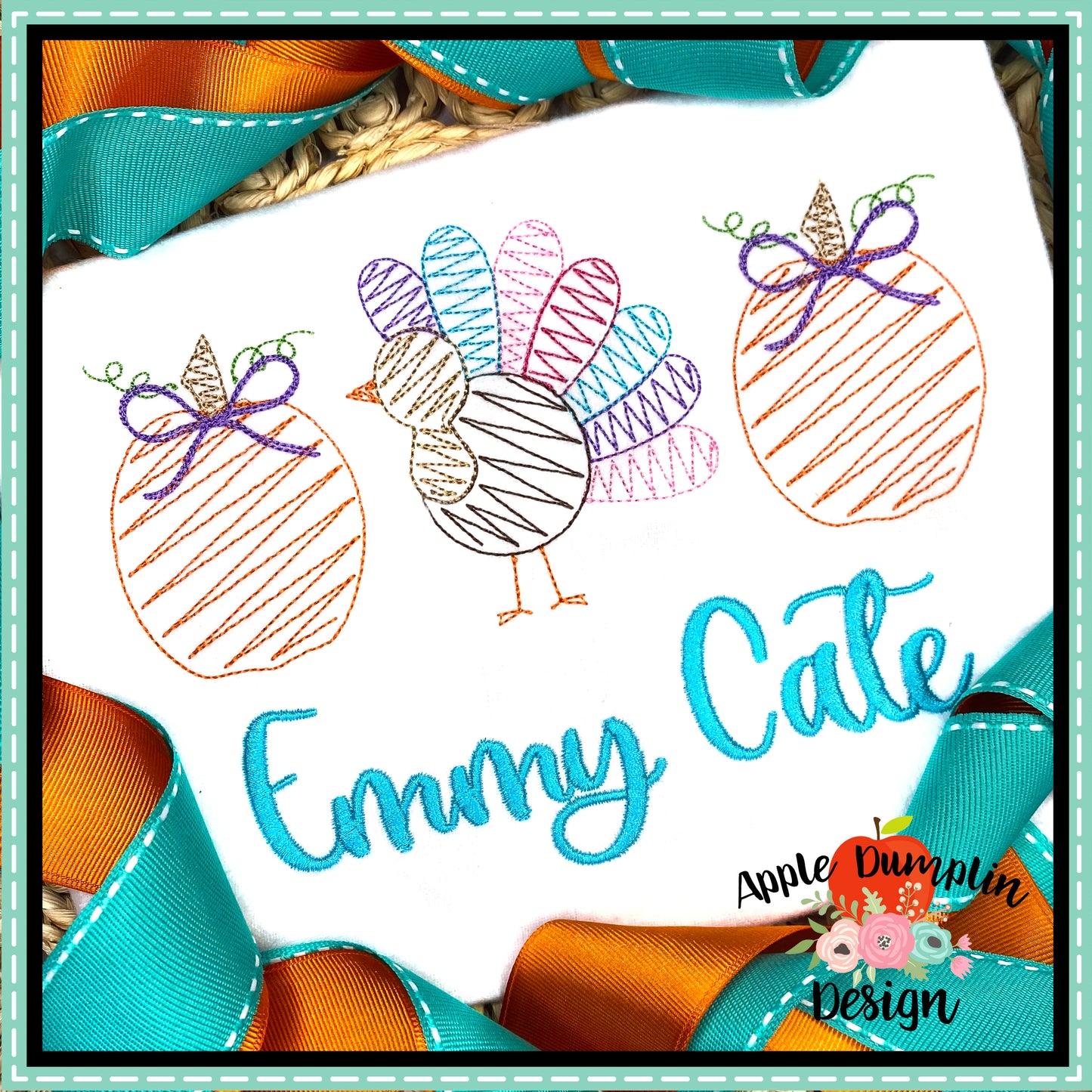 Scribble Turkey Pumpkin with Bow Trio Embroidery Design, Embroidery