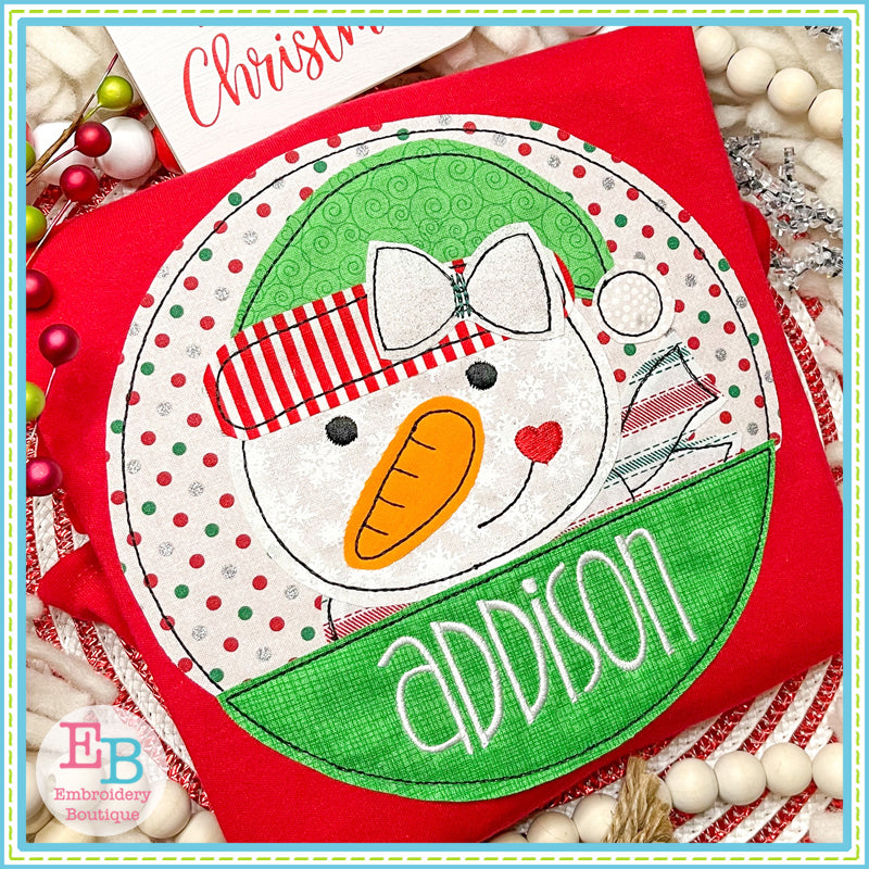 Snowman Bow Circle Bean Stitch Applique, Applique