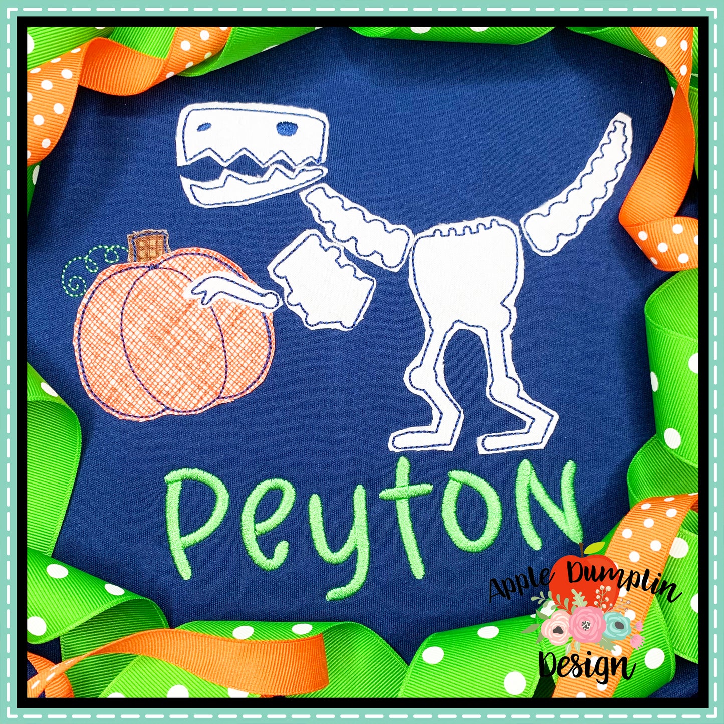 T-Rex Skeleton Pumpkin Bean Stitch Applique Design, Applique