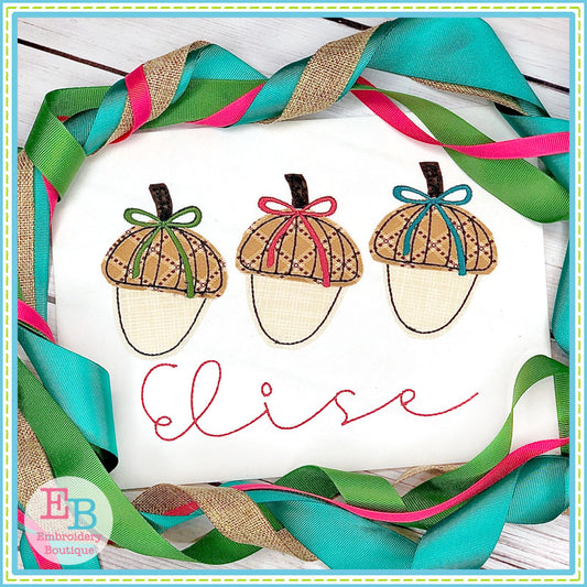 Acorn Bow Trio Bean Stitch Applique, Applique