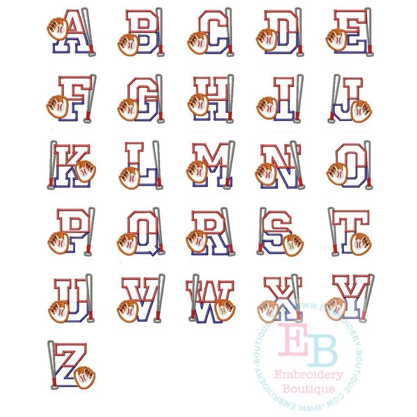 Baseball Bat Applique Alphabet, Applique Alphabet