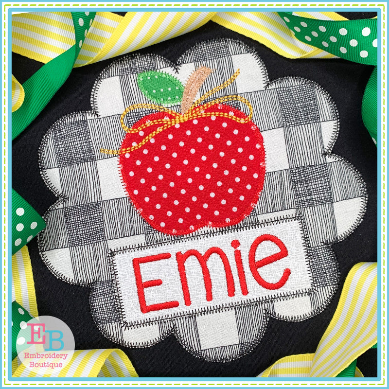 Apple Name Bow Circle Zigzag Applique, Applique