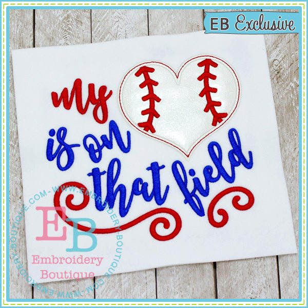 My Heart on Field Baseball/Softball Applique, Applique