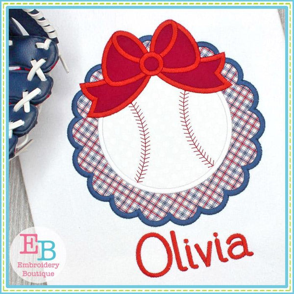 Baseball with Big Bow Scallop Satin Applique, Applique