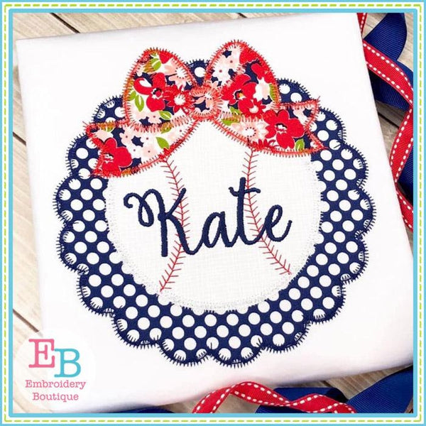 Baseball with Big Bow Scallop Zigzag Applique, Applique