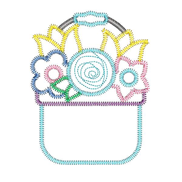 Flower Basket Zig Zag Stitch Applique Design, Applique