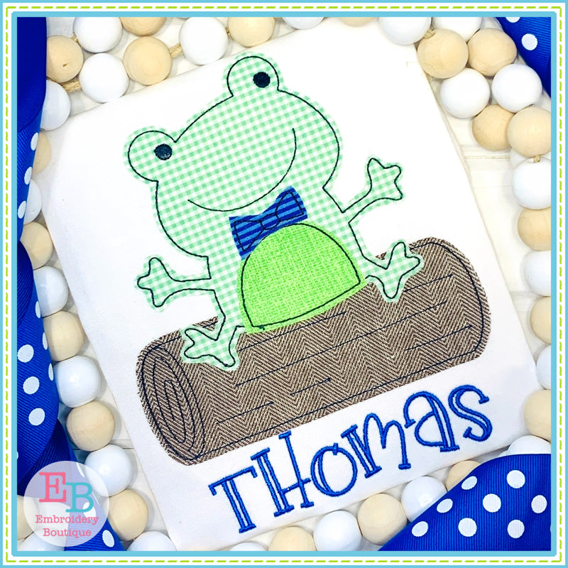 Boy Frog on Log Bean Stitch Applique, Applique