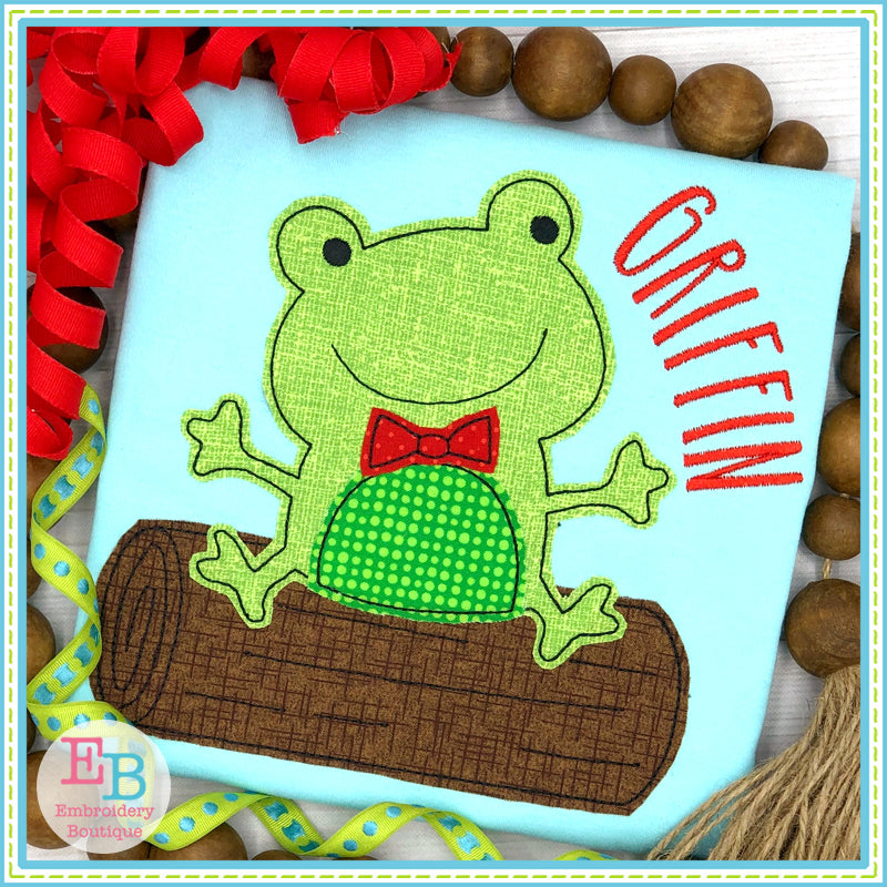Boy Frog on Log Bean Stitch Applique, Applique