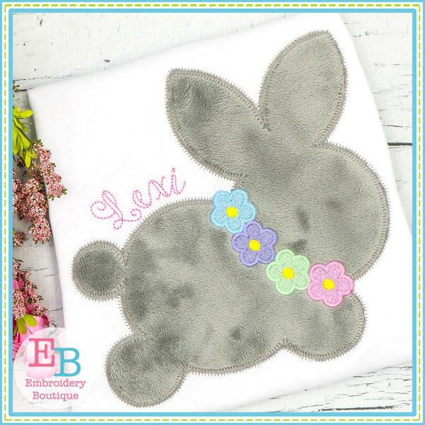 Bunny Silhouette with Flower Necklace Zigzag Applique, Applique