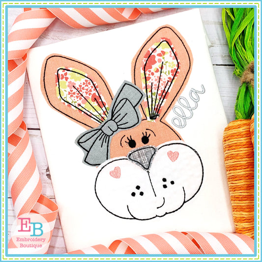 Bunny Face Bow Bean Stitch Applique, Applique