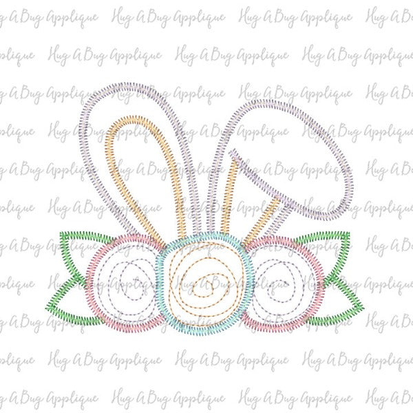 Bunny Ears Flowers Zig Zag Stitch Applique Design, Applique