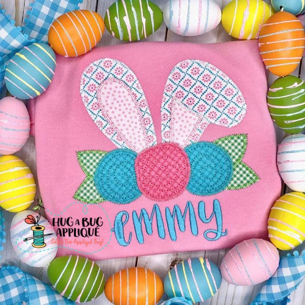 Bunny Ears Flowers Zig Zag Stitch Applique Design, Applique
