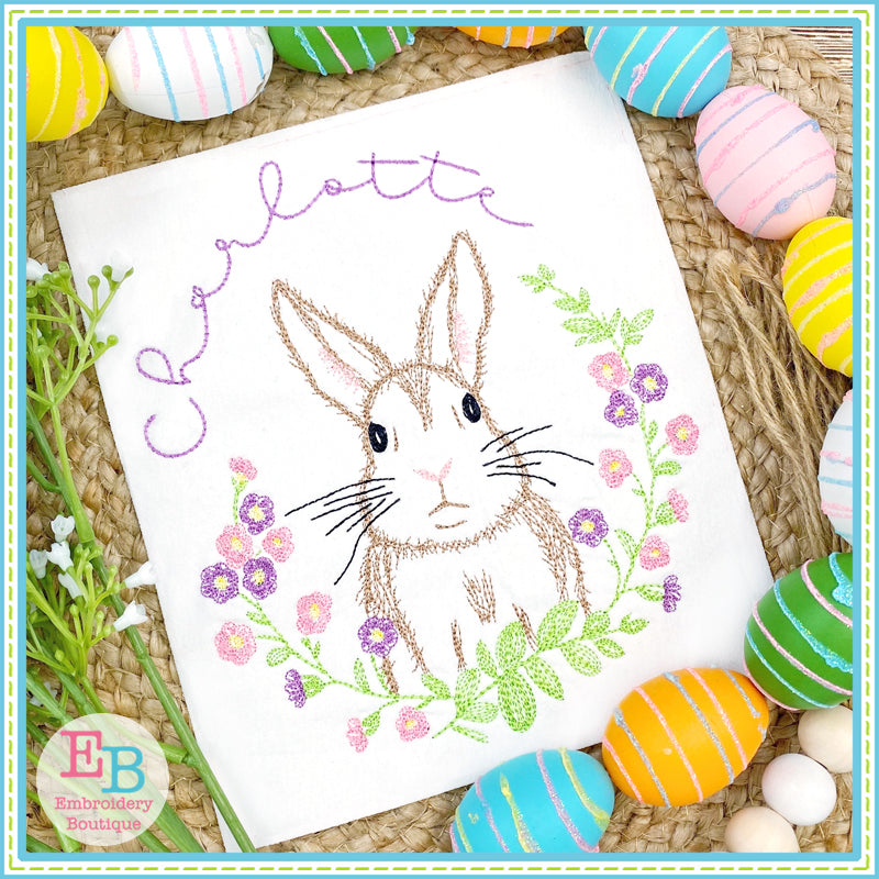 Bunny Floral Wreath Embroidery Design, Embroidery