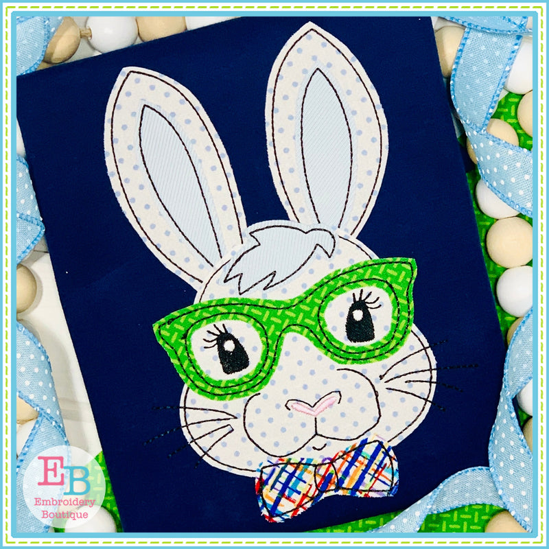 Bunny Glasses Bow Tie Bean Stitch Applique, Applique