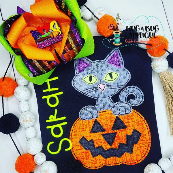 Cat Jackolantern Bean Stitch Applique Design, Applique