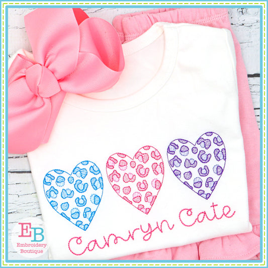 Cheetah Heart Trio Sketch Embroidery Design, Embroidery