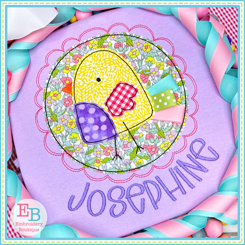 Girl Chick Circle Bean Stitch Applique (with and without ribbon tail), Applique