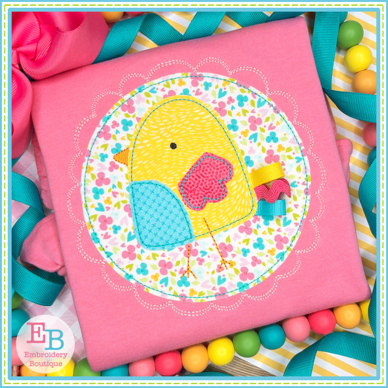 Girl Chick Circle Bean Stitch Applique (with and without ribbon tail), Applique
