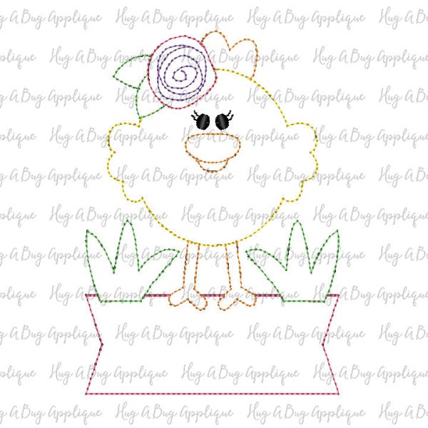 Chick Flower Banner Bean Stitch Applique Design, Applique