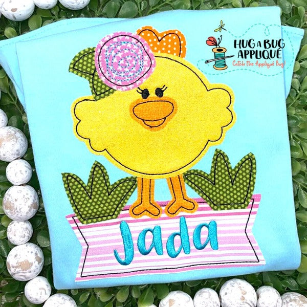 Chick Flower Banner Bean Stitch Applique Design, Applique