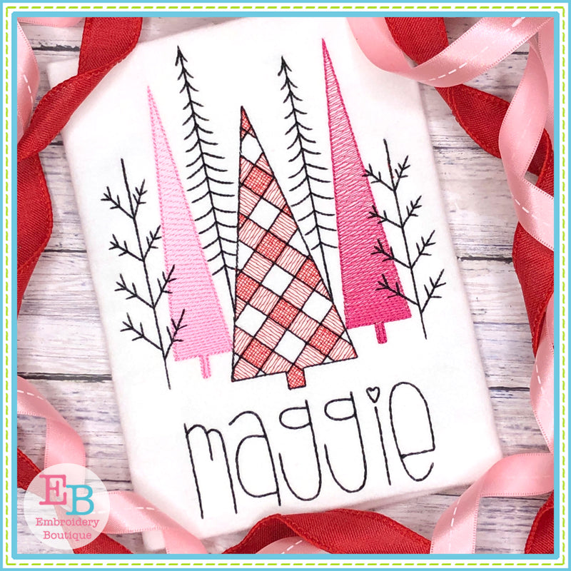 Christmas Trees Plaid Sketch Embroidery Design, Embroidery
