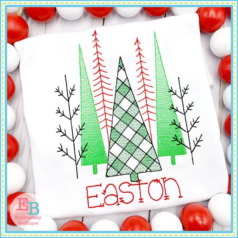Christmas Trees Plaid Sketch Embroidery Design, Embroidery